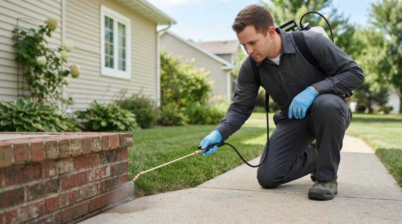Pest control technician treating a home near Negley, OH